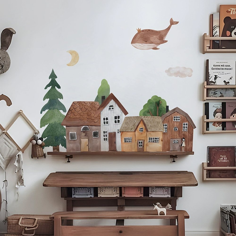 Baby Nursery Vintage - Tessuto Cartoon Forest Vintage Town Wall